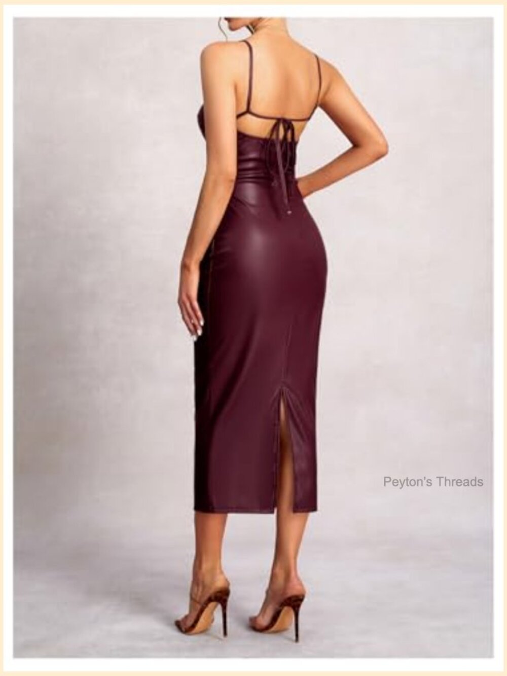 Sleeveless V-Neck Deep V Tie Back Leather Midi Dress for Party - Picture 2 of 6